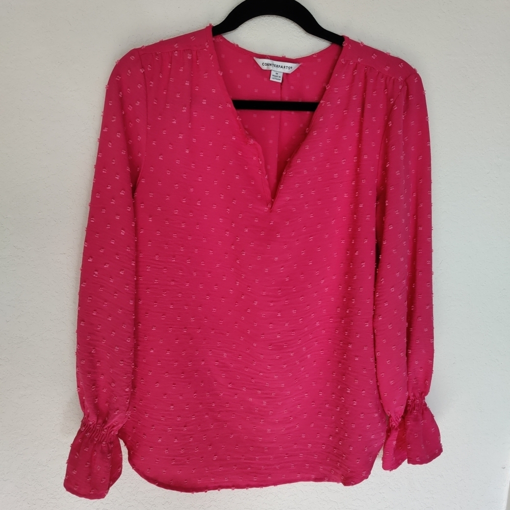 Counterparts Fuchsia Swiss Dot Ruffle Sleeve Blouse Size M | Business Casual